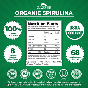 Zazzee USDA Organic Spirulina Powder, 2.2 Pounds (1 KG), 303 Servings, Certified Kosher, 100% Pure, Non-Irradiated, Mess-Free Wide Mouth Container, Fresh Smell and Neutral Taste, Non-GMO, Made in USA - PrimeBioHealth - canada supplements